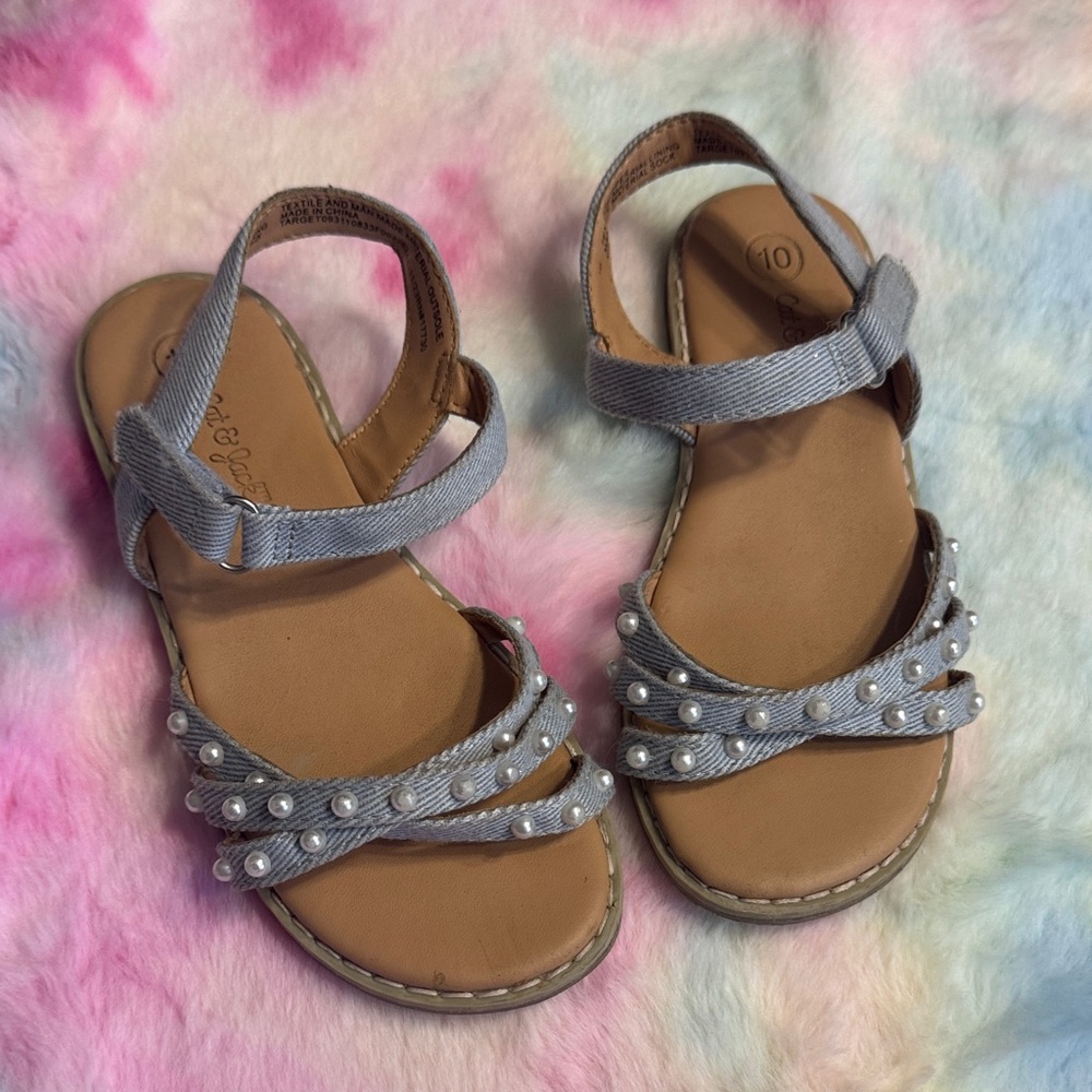 5/$25 Girls blue Jean sandals sz 10 with Pearl Accents